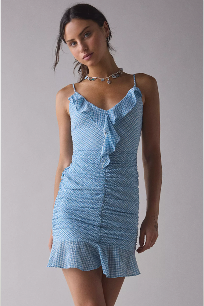 Kimchi Blue Bonnie Ruched Flutter-Trim Mini Dress